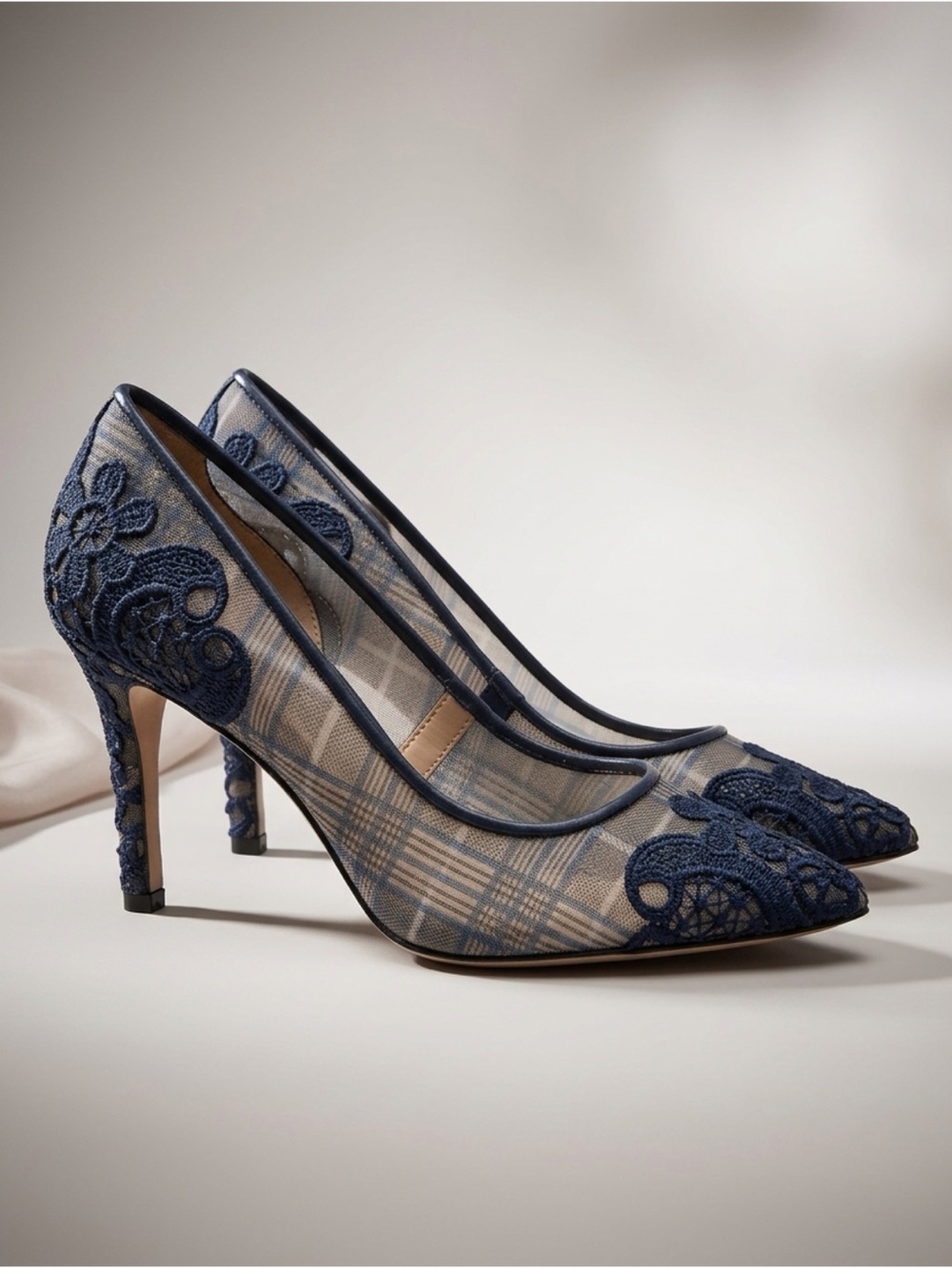 Karl Lagerfeld Sheer Plaid and Lace Pumps, Navy, 37.5/7, GUC